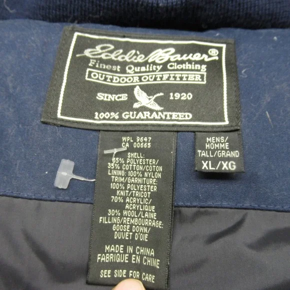 Eddie Bauer Down Jacket Mens XL‎ Tall Blue Hooded Insulated Wool Blend Full Zip